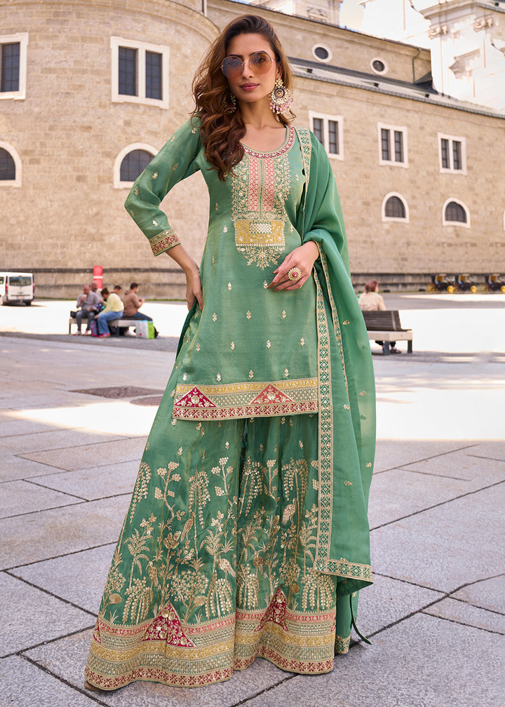 Buy Now Designer & Festive Cool Green Palazzo Style Suit Online in Newark, Yorktown, Toronto, London, Munich, Chicago, Denver, Utah & Worldwide at Empress.