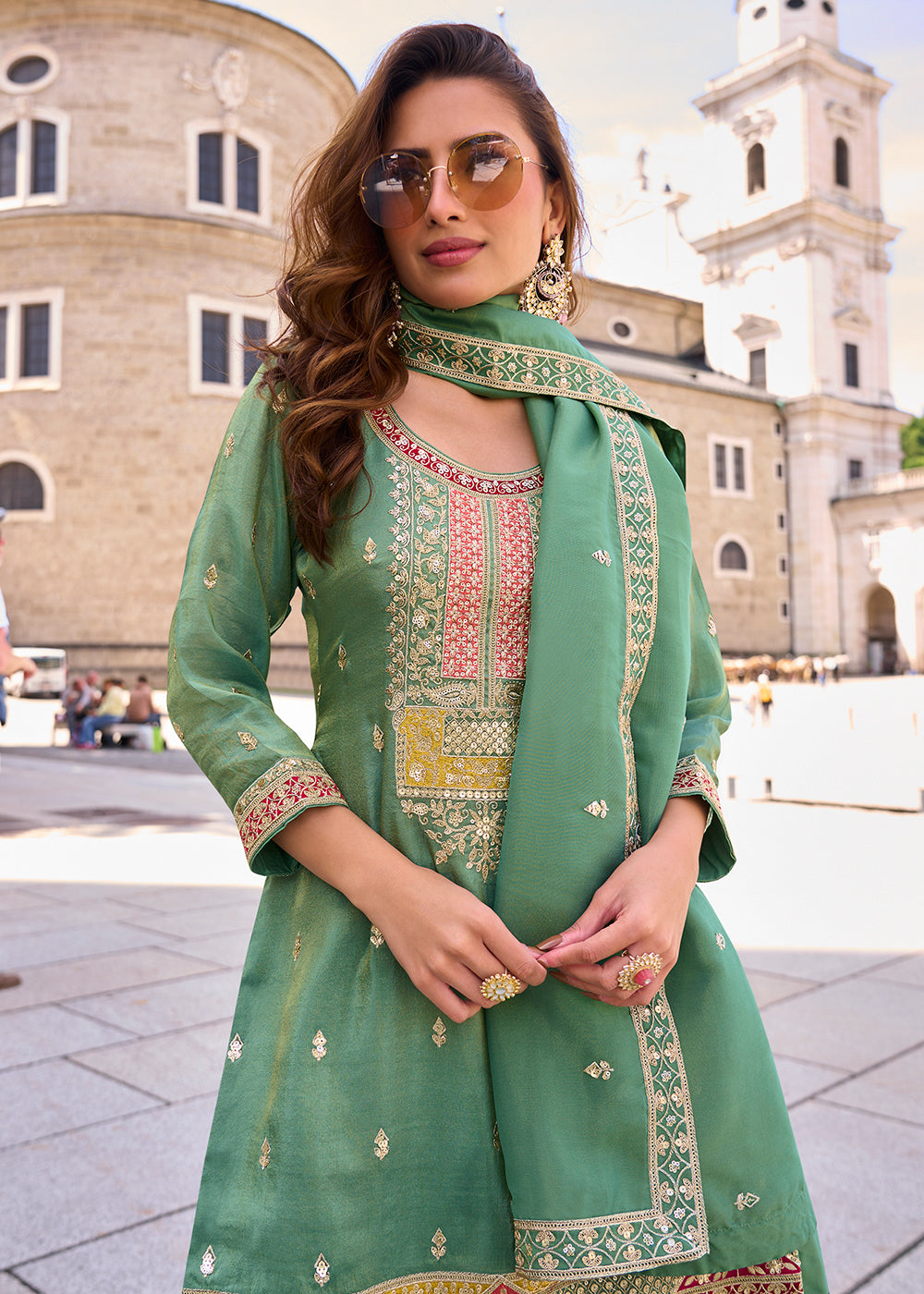 Buy Now Designer & Festive Cool Green Palazzo Style Suit Online in Newark, Yorktown, Toronto, London, Munich, Chicago, Denver, Utah & Worldwide at Empress.