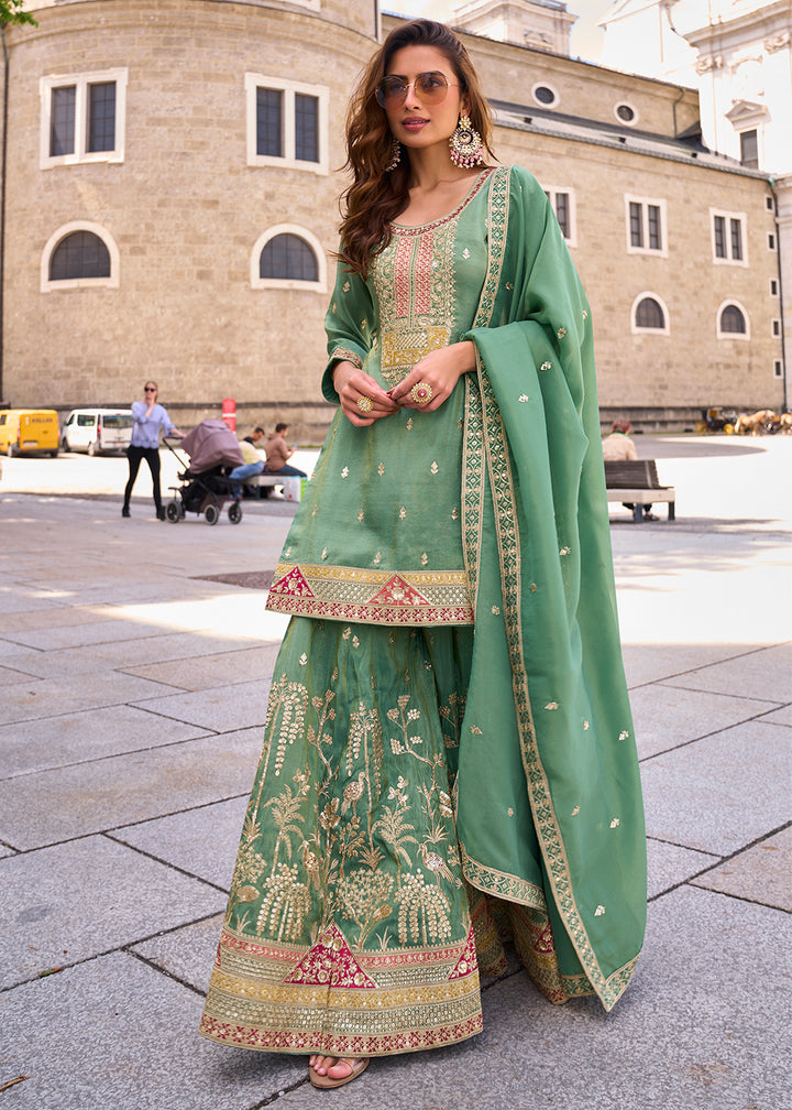 Buy Now Designer & Festive Cool Green Palazzo Style Suit Online in Newark, Yorktown, Toronto, London, Munich, Chicago, Denver, Utah & Worldwide at Empress.