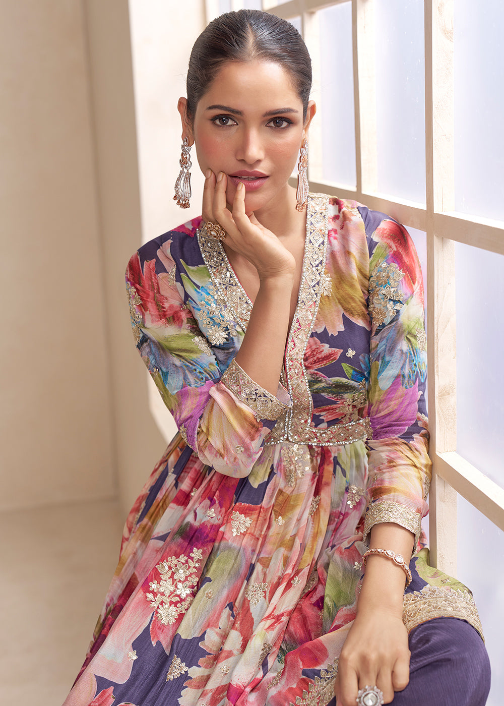 Buy Now Purple Floral Printed & Embroidered Festive Palazzo Dress Online in Newark, Yorktown, Toronto, London, Orlando, Munich, Chicago & Worldwide at Empress.