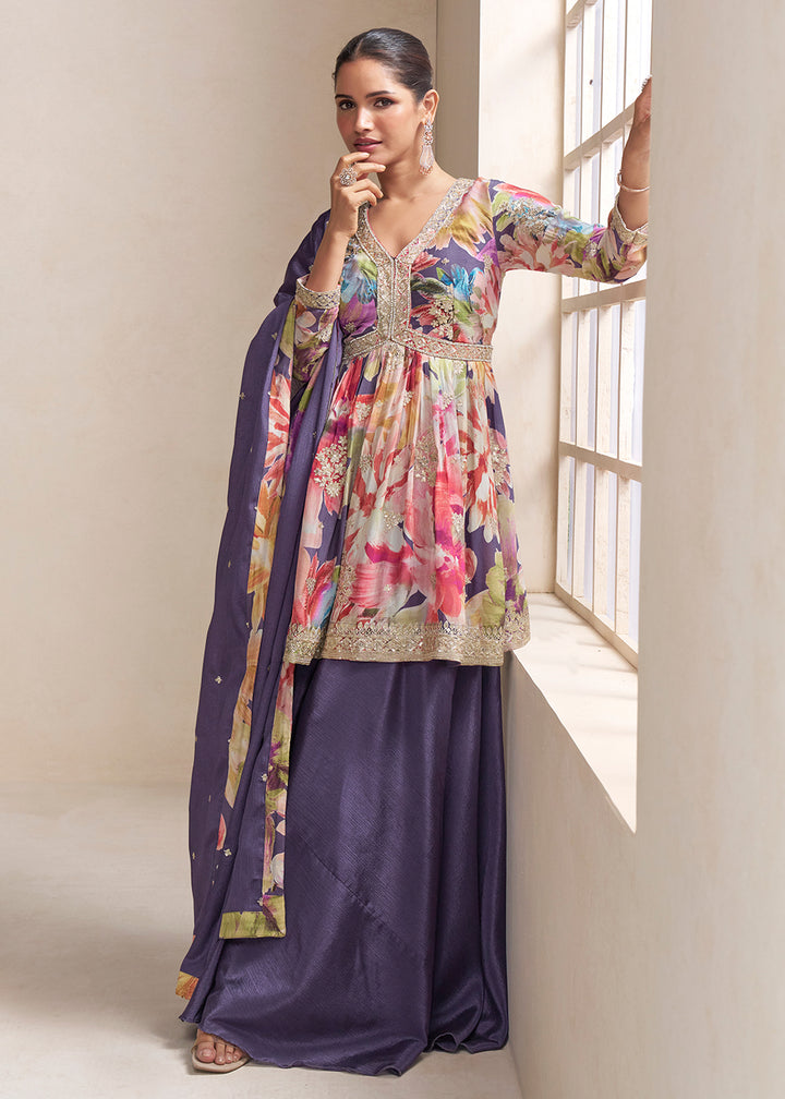 Buy Now Purple Floral Printed & Embroidered Festive Palazzo Dress Online in Newark, Yorktown, Toronto, London, Orlando, Munich, Chicago & Worldwide at Empress.