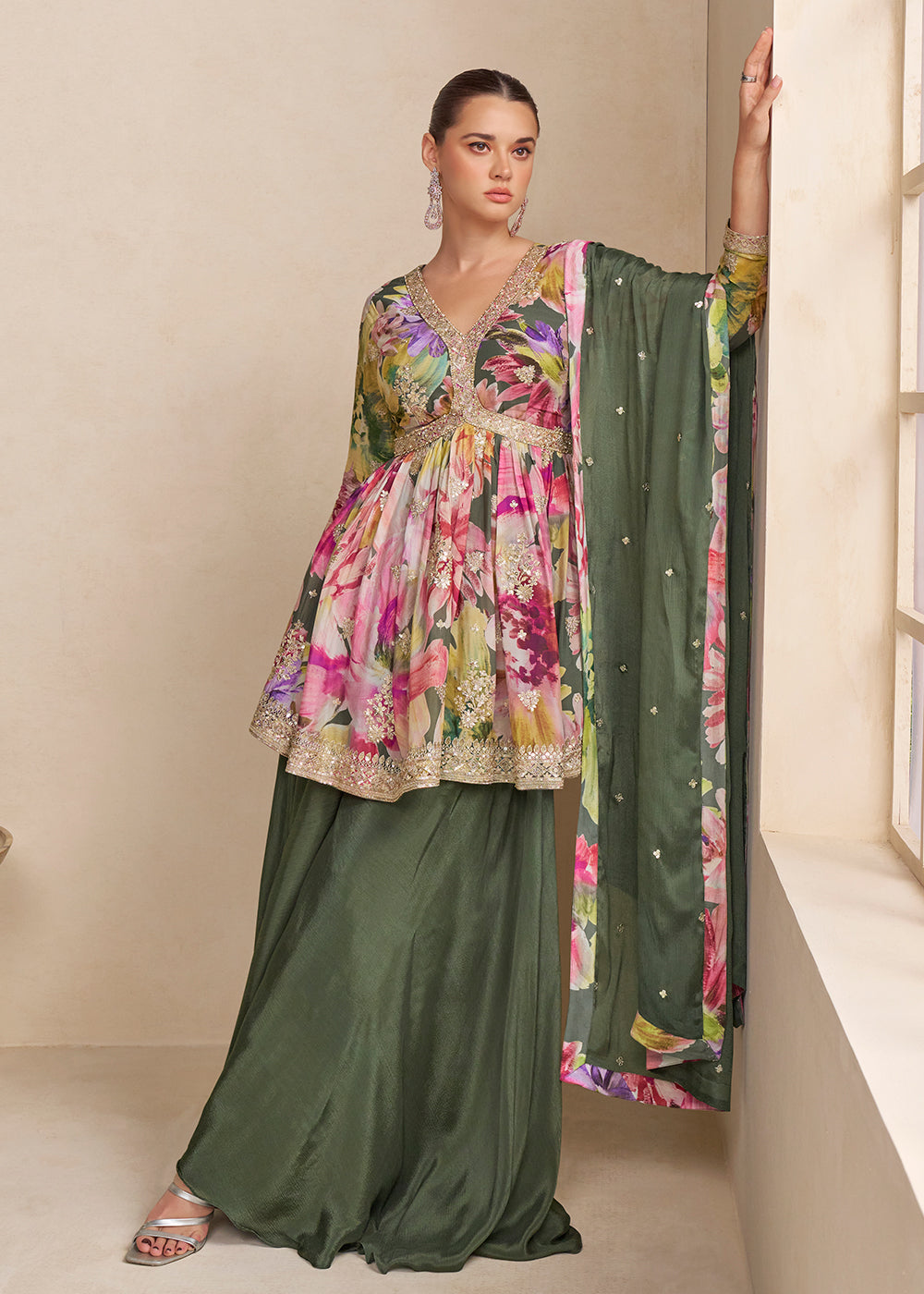 Buy Now Green Floral Printed & Embroidered Festive Palazzo Dress Online in Newark, Yorktown, Toronto, London, Orlando, Munich, Chicago & Worldwide at Empress.