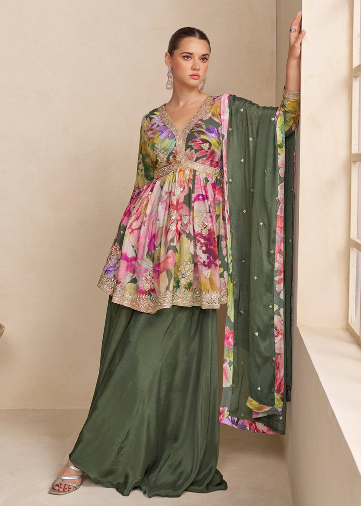 Buy Now Green Floral Printed & Embroidered Festive Palazzo Dress Online in Newark, Yorktown, Toronto, London, Orlando, Munich, Chicago & Worldwide at Empress.