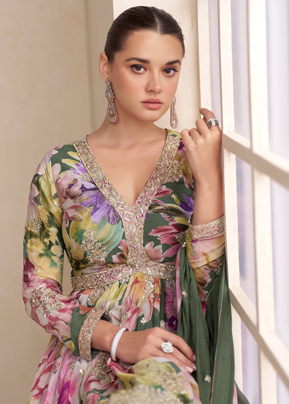 Buy Now Green Floral Printed & Embroidered Festive Palazzo Dress Online in Newark, Yorktown, Toronto, London, Orlando, Munich, Chicago & Worldwide at Empress.