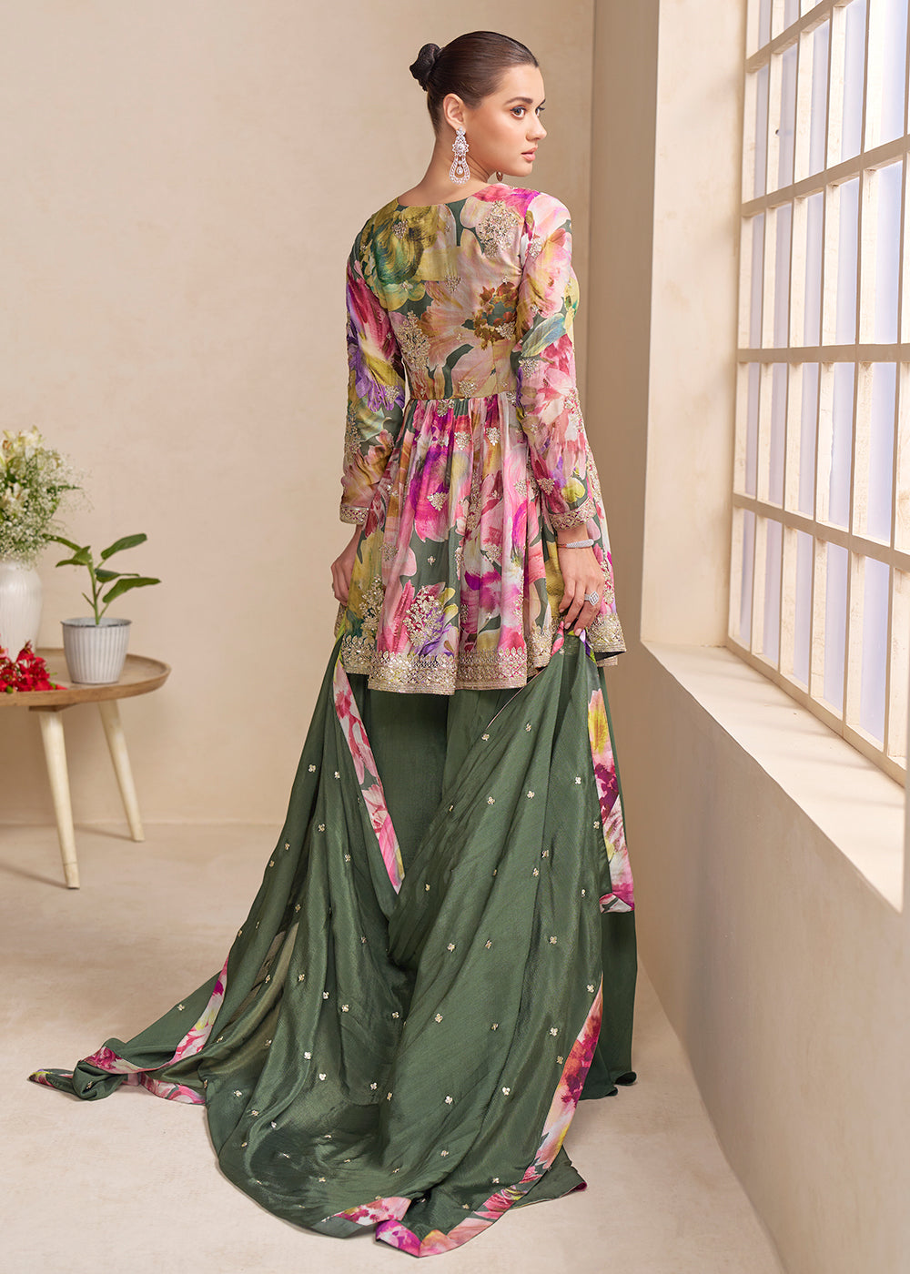 Buy Now Green Floral Printed & Embroidered Festive Palazzo Dress Online in Newark, Yorktown, Toronto, London, Orlando, Munich, Chicago & Worldwide at Empress.