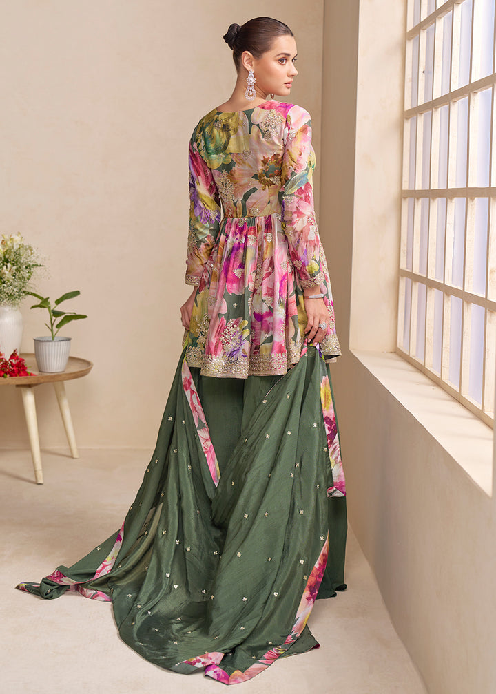 Buy Now Green Floral Printed & Embroidered Festive Palazzo Dress Online in Newark, Yorktown, Toronto, London, Orlando, Munich, Chicago & Worldwide at Empress.
