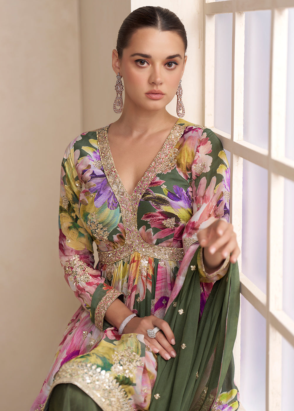 Buy Now Green Floral Printed & Embroidered Festive Palazzo Dress Online in Newark, Yorktown, Toronto, London, Orlando, Munich, Chicago & Worldwide at Empress.