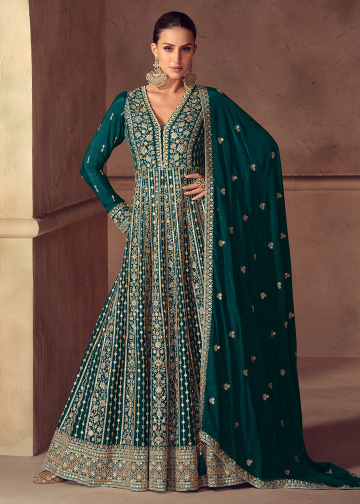 Buy Now Party Wear Green Embroidered Anarkali Suit Online in US, UK, Germany, France, Italy, Canada, Australia, UAE, Maldives, Singapore & Worldwide at Empress.