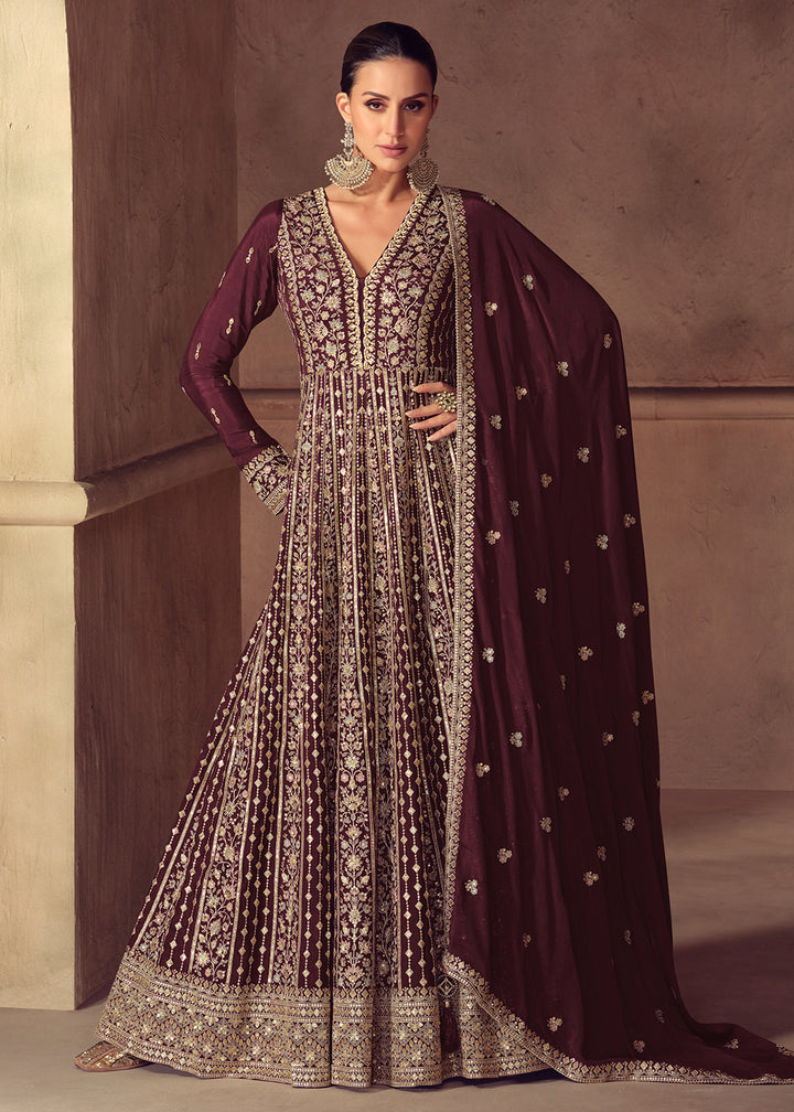 Buy Now Party Wear Brown Embroidered Anarkali Suit Online in US, UK, Germany, France, Italy, Canada, Australia, UAE, Maldives, Singapore & Worldwide at Empress.