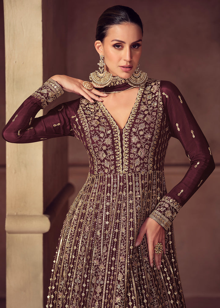 Buy Now Party Wear Brown Embroidered Anarkali Suit Online in US, UK, Germany, France, Italy, Canada, Australia, UAE, Maldives, Singapore & Worldwide at Empress.