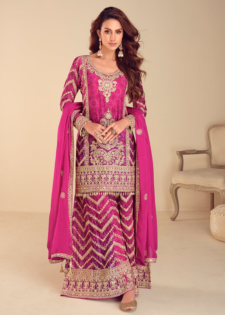 Buy Now Pink Chinnon Bandhej Printed & Mirror Festive Palazzo Suit Online in Newark, Yorktown, Toronto, London, Dubai, Orlando, Munich & Worldwide at Empress.