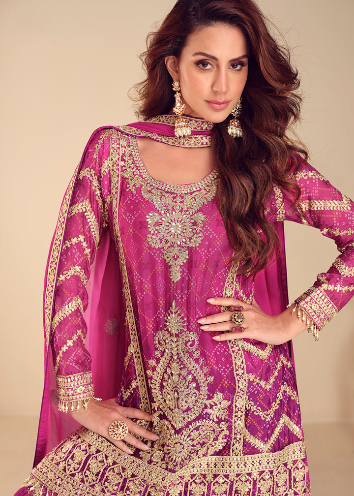Buy Now Pink Chinnon Bandhej Printed & Mirror Festive Palazzo Suit Online in Newark, Yorktown, Toronto, London, Dubai, Orlando, Munich & Worldwide at Empress.