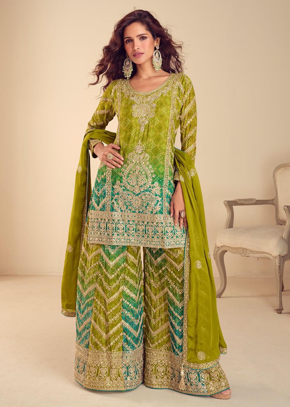 Buy Now Green Chinnon Bandhej Printed & Mirror Festive Palazzo Suit Online in Newark, Yorktown, Toronto, London, Dubai, Orlando, Munich & Worldwide at Empress.