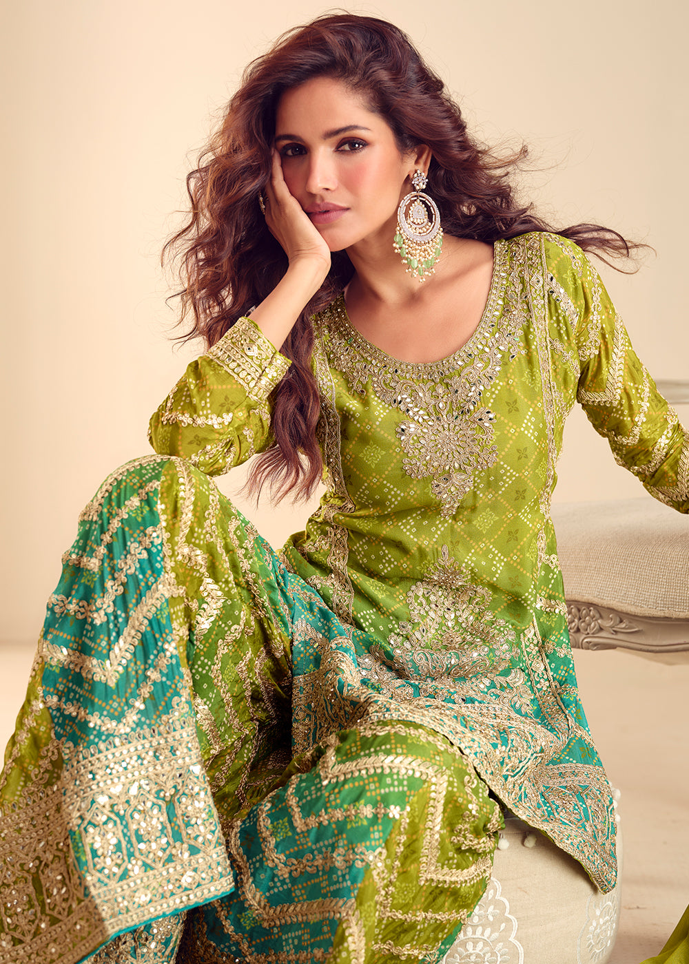 Buy Now Green Chinnon Bandhej Printed & Mirror Festive Palazzo Suit Online in Newark, Yorktown, Toronto, London, Dubai, Orlando, Munich & Worldwide at Empress.