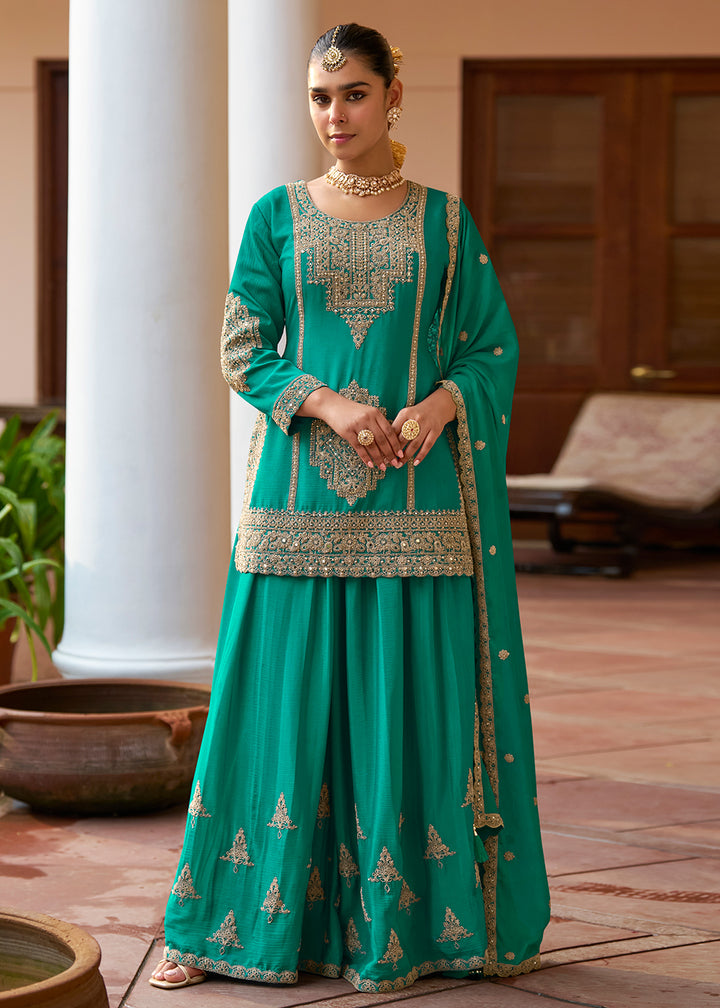 Buy Now TReal Chinnon Material Rama Green Festive Palazzo Suit Online in Newark, Miami, Toronto, London, Bayern, Austin, Denver, New York & Worldwide at Empress.