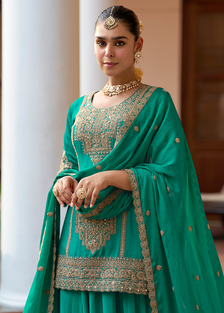 Buy Now Real Chinnon Material Rama Green Festive Palazzo Suit Online in Newark, Miami, Toronto, London, Bayern, Austin, Denver, New York & Worldwide at Empress.