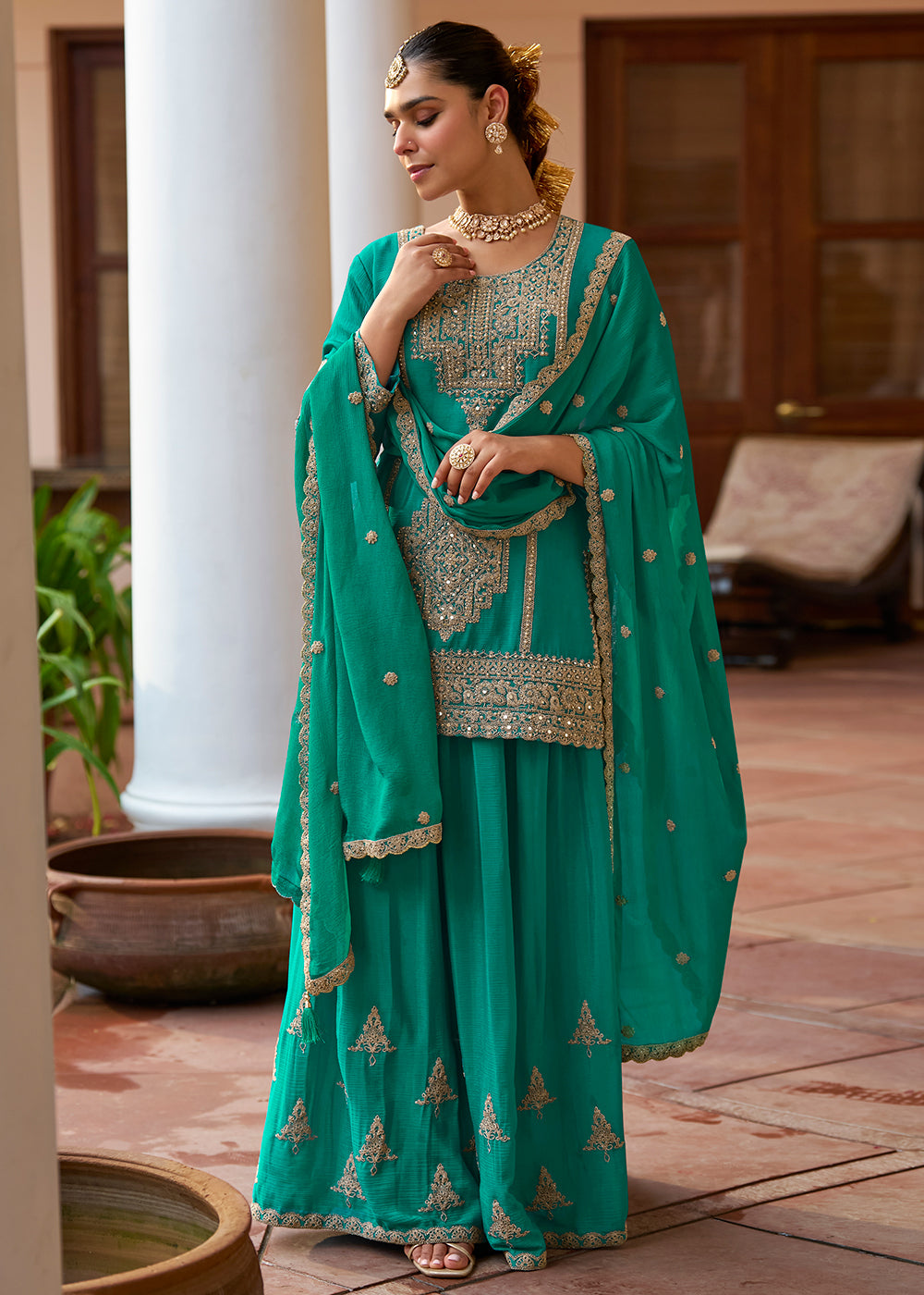 Buy Now Real Chinnon Material Rama Green Festive Palazzo Suit Online in Newark, Miami, Toronto, London, Bayern, Austin, Denver, New York & Worldwide at Empress.