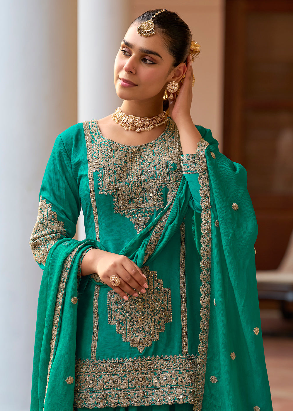 Buy Now Real Chinnon Material Rama Green Festive Palazzo Suit Online in Newark, Miami, Toronto, London, Bayern, Austin, Denver, New York & Worldwide at Empress.