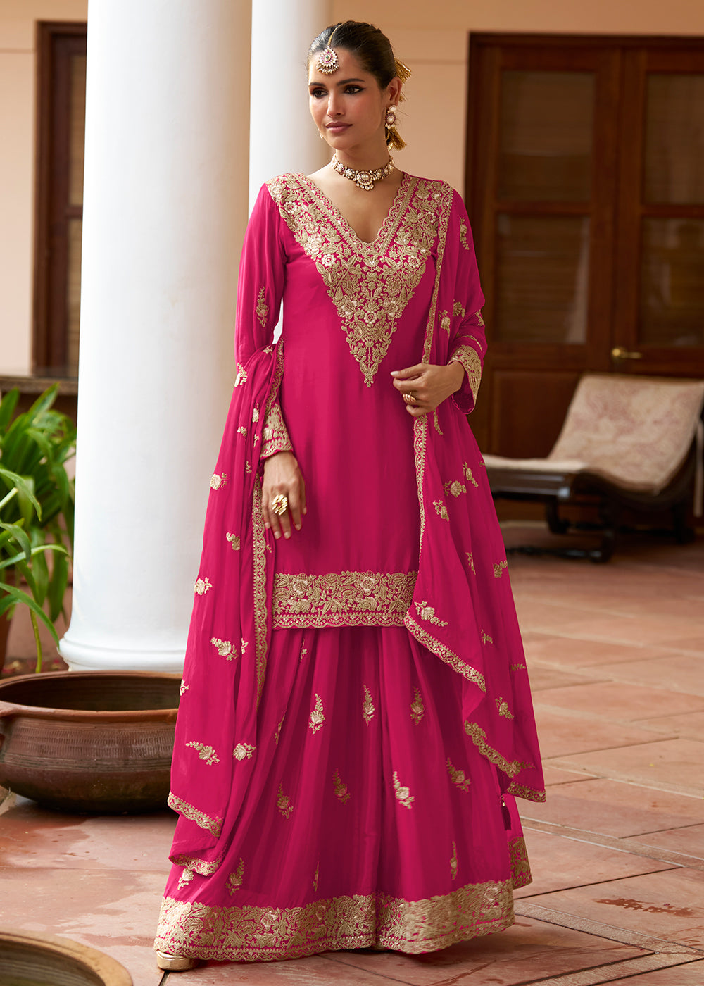 Buy Now Real Chinnon Material Rani Pink Festive Palazzo Suit Online in Newark, Miami, Toronto, London, Bayern, Austin, Denver, New York & Worldwide at Empress.