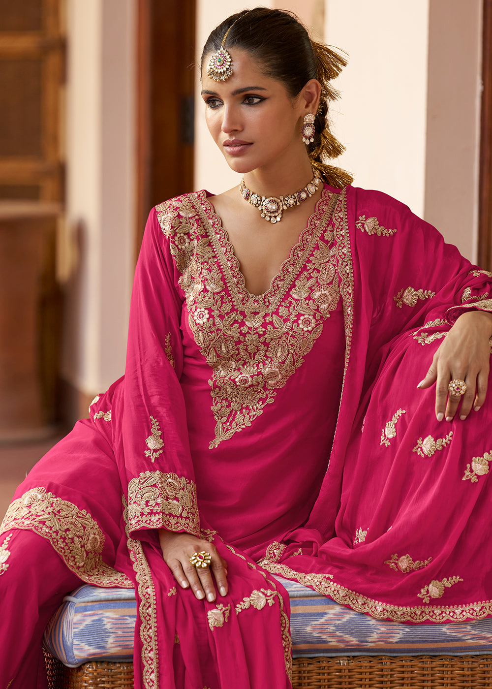 Buy Now Real Chinnon Material Rani Pink Festive Palazzo Suit Online in Newark, Miami, Toronto, London, Bayern, Austin, Denver, New York & Worldwide at Empress.