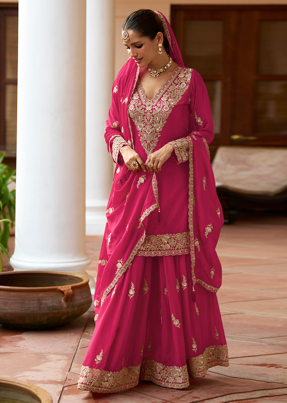 Buy Now Real Chinnon Material Rani Pink Festive Palazzo Suit Online in Newark, Miami, Toronto, London, Bayern, Austin, Denver, New York & Worldwide at Empress.