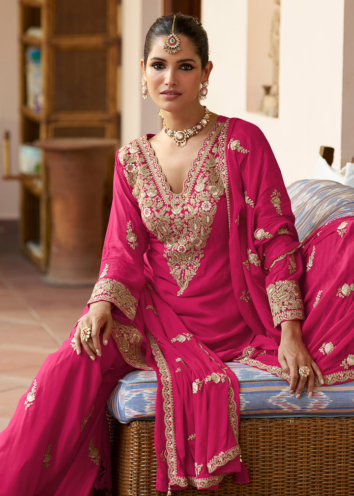 Buy Now Real Chinnon Material Rani Pink Festive Palazzo Suit Online in Newark, Miami, Toronto, London, Bayern, Austin, Denver, New York & Worldwide at Empress.