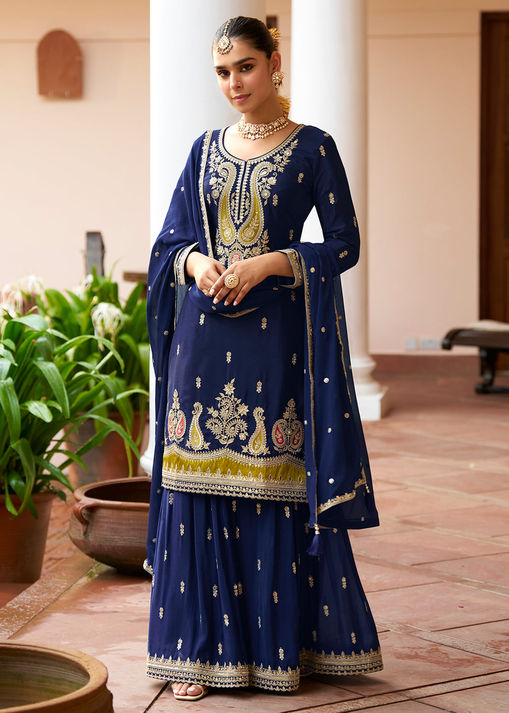 Buy Now Real Chinnon Material Navy Blue Festive Palazzo Suit Online in Newark, Miami, Toronto, London, Bayern, Austin, Denver, New York & Worldwide at Empress.