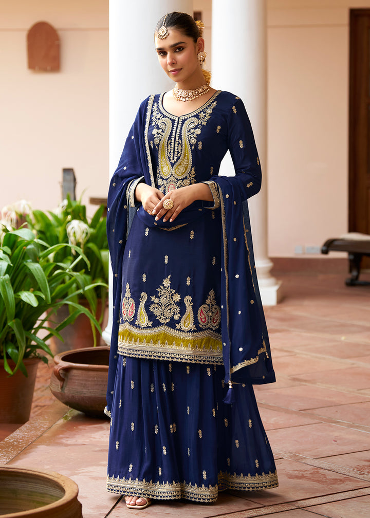 Buy Now Real Chinnon Material Navy Blue Festive Palazzo Suit Online in Newark, Miami, Toronto, London, Bayern, Austin, Denver, New York & Worldwide at Empress.