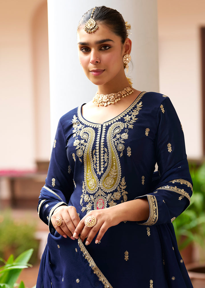 Buy Now Real Chinnon Material Navy Blue Festive Palazzo Suit Online in Newark, Miami, Toronto, London, Bayern, Austin, Denver, New York & Worldwide at Empress.