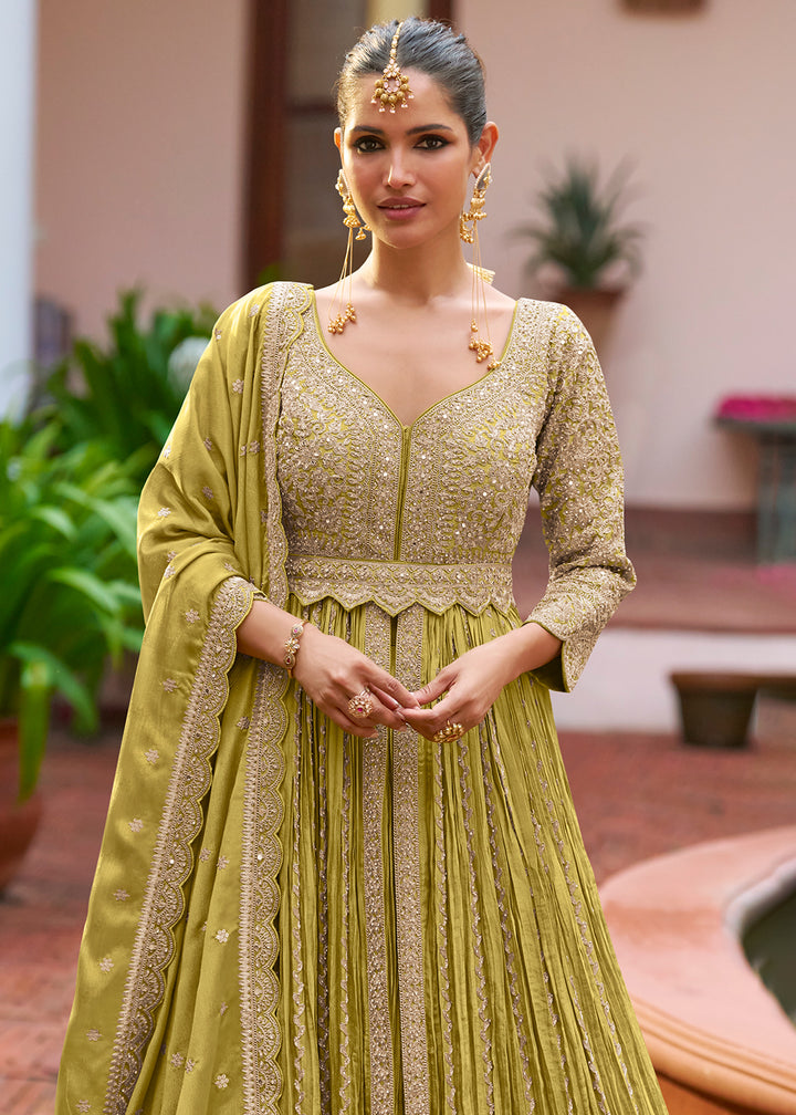 Buy Now Lehenga Style Green Embroidered Front Slit Dress Online in Newark, Yorktown, Toronto, London, Munich, Chicago, Denver, Paris & Worldwide at Empress.