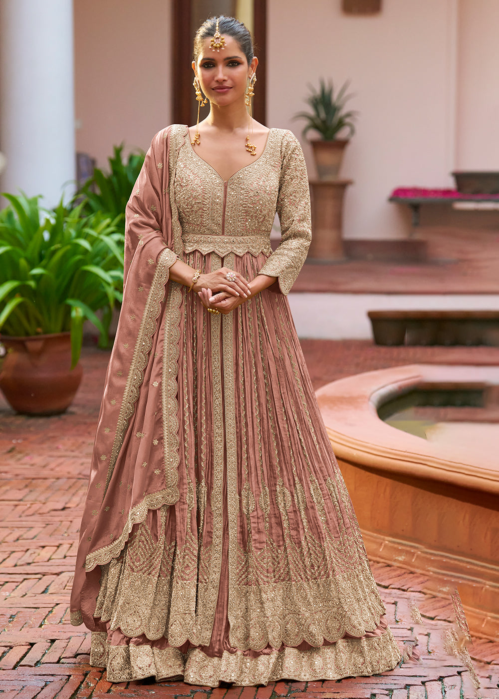 Buy Now Lehenga Style Pink Embroidered Front Slit Dress Online in Newark, Yorktown, Toronto, London, Munich, Chicago, Denver, Paris & Worldwide at Empress.