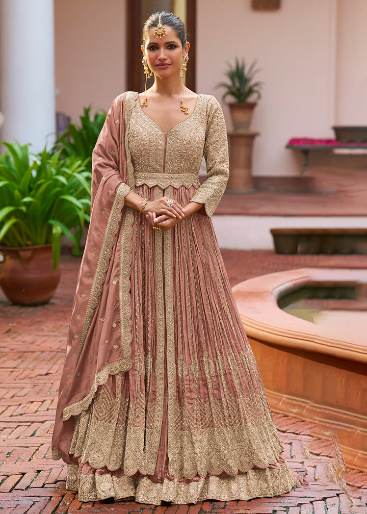 Buy Now Lehenga Style Pink Embroidered Front Slit Dress Online in Newark, Yorktown, Toronto, London, Munich, Chicago, Denver, Paris & Worldwide at Empress.