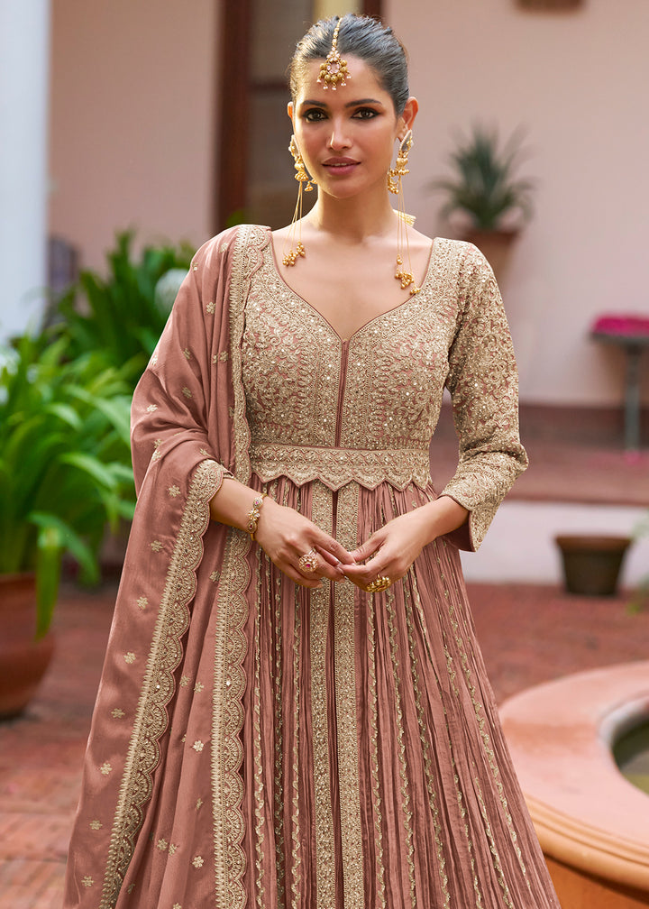 Buy Now Lehenga Style Pink Embroidered Front Slit Dress Online in Newark, Yorktown, Toronto, London, Munich, Chicago, Denver, Paris & Worldwide at Empress.