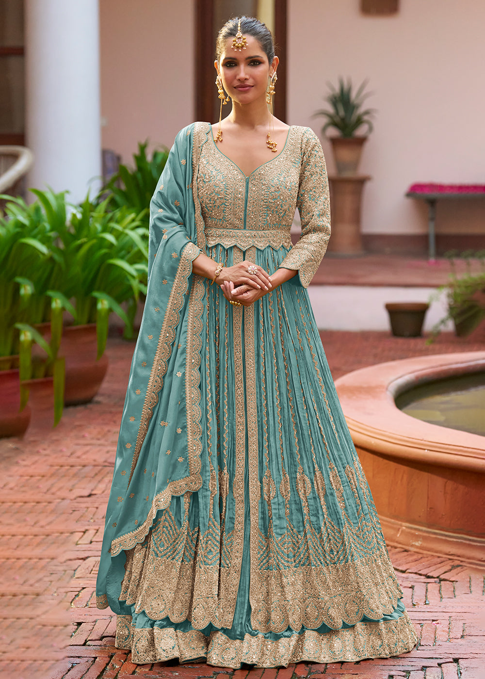 Buy Now Lehenga Style Blue Embroidered Front Slit Dress Online in Newark, Yorktown, Toronto, London, Munich, Chicago, Denver, Paris & Worldwide at Empress.