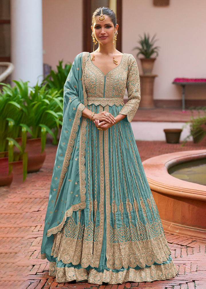 Buy Now Lehenga Style Blue Embroidered Front Slit Dress Online in Newark, Yorktown, Toronto, London, Munich, Chicago, Denver, Paris & Worldwide at Empress.