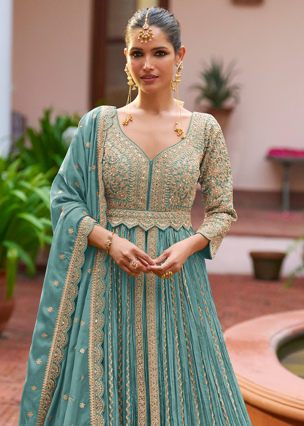 Buy Now Lehenga Style Blue Embroidered Front Slit Dress Online in Newark, Yorktown, Toronto, London, Munich, Chicago, Denver, Paris & Worldwide at Empress.