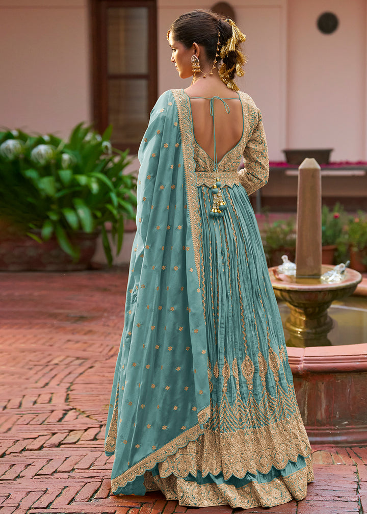Buy Now Lehenga Style Blue Embroidered Front Slit Dress Online in Newark, Yorktown, Toronto, London, Munich, Chicago, Denver, Paris & Worldwide at Empress.