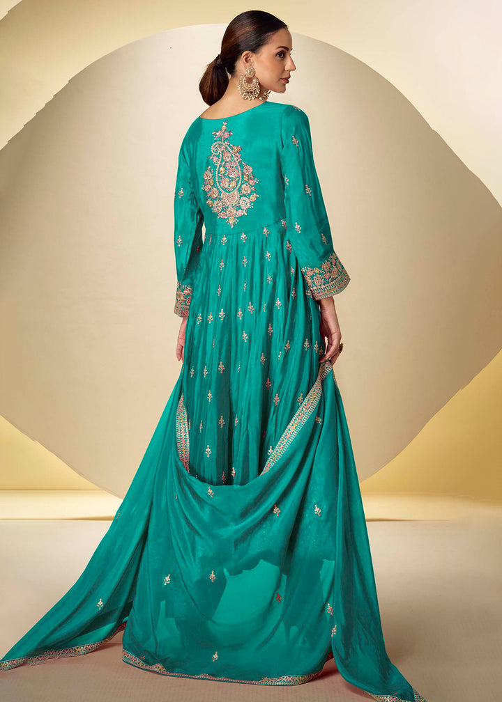 Buy Now Rama Green Pant Style Festive Style Anarkali Suit Online in USA, UK, Sweden, Denmark, Greece, Germany, Canada, Belgium, UAE & Worldwide at Empress.