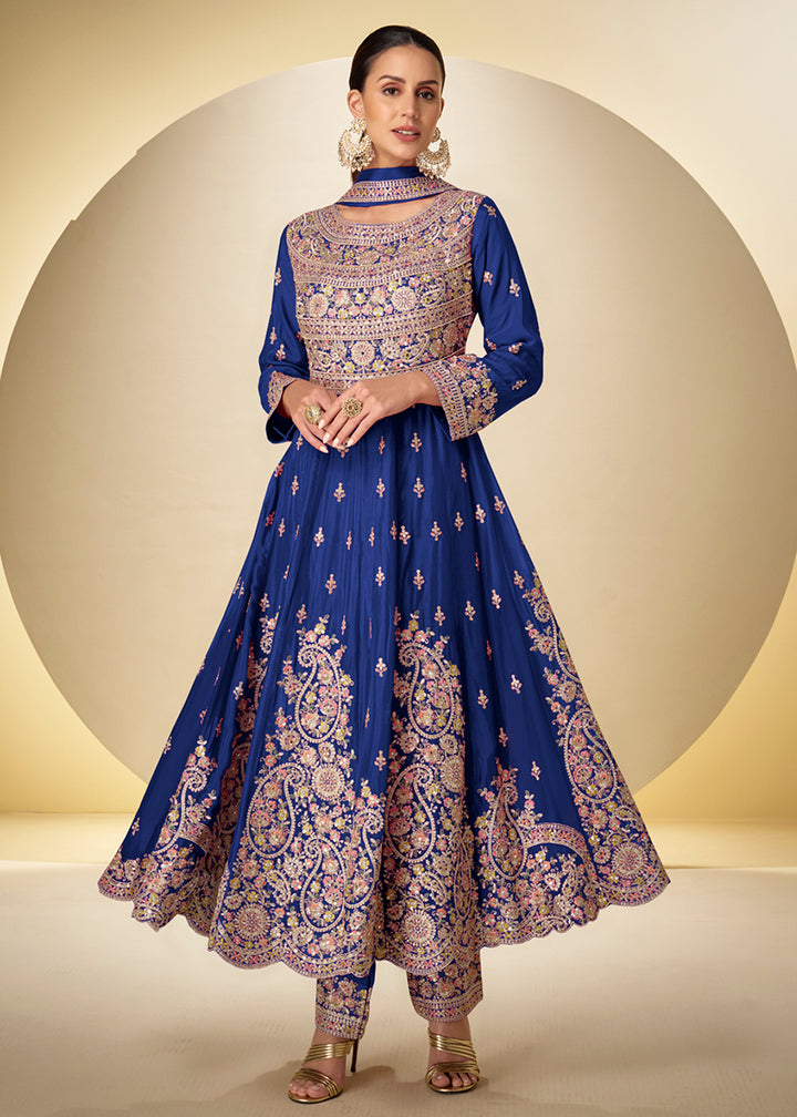 Buy Now Blue Pant Style Festive Style Anarkali Suit Online in USA, UK, Sweden, Denmark, Greece, Germany, Canada, Belgium, Italy, Greece & Worldwide at Empress.