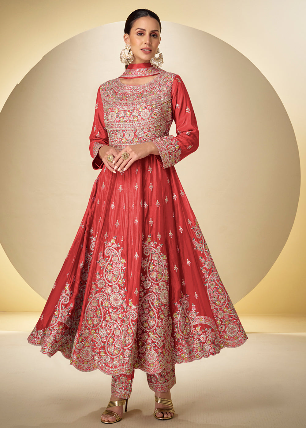 Buy Now Peach Pant Style Festive Style Anarkali Suit Online in USA, UK, Sweden, Denmark, Greece, Germany, Canada, Belgium, Italy, Greece & Worldwide at Empress.