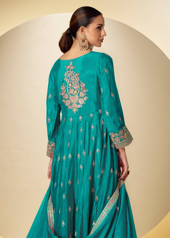 Buy Now Turquoise Pant Style Festive Style Anarkali Suit Online in USA, UK, Sweden, Denmark, Greece, Germany, Canada, Belgium, Greece & Worldwide at Empress.