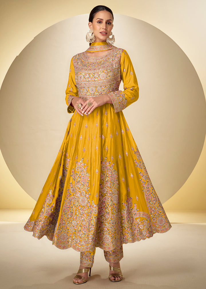 Buy Now Yellow Pant Style Festive Style Anarkali Suit Online in USA, UK, Sweden, Denmark, Greece, Germany, Canada, Belgium, Greece & Worldwide at Empress.