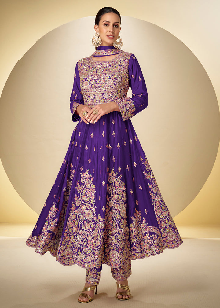 Buy Now Purple Pant Style Festive Style Anarkali Suit Online in USA, UK, Sweden, Denmark, Greece, Germany, Canada, Belgium, Italy, UAE & Worldwide at Empress.