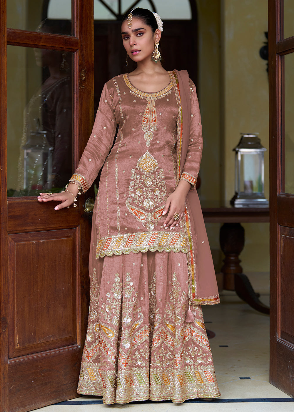Buy Now Pink Real Shimmer Silk Festive Skirt Style Suit Online in Newark, Miami, Toronto, London, Bayern, Austin, Denver, New York, Dubai & Worldwide at Empress.