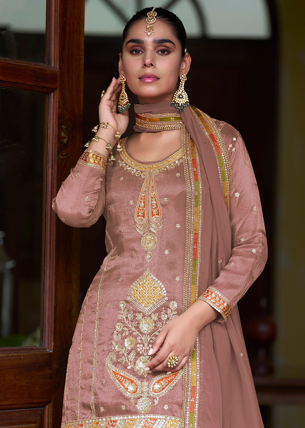 Buy Now Pink Real Shimmer Silk Festive Skirt Style Suit Online in Newark, Miami, Toronto, London, Bayern, Austin, Denver, New York, Dubai & Worldwide at Empress.