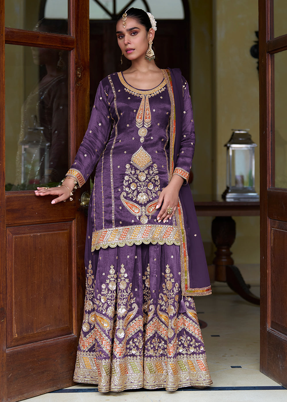 Buy Now Trendy Purple Shimmer Silk Silk Lehenga Style Suit Online in Newark, Yorktown, Toronto, London, Munich, Chicago, Denver, Paris & Worldwide at Empress.