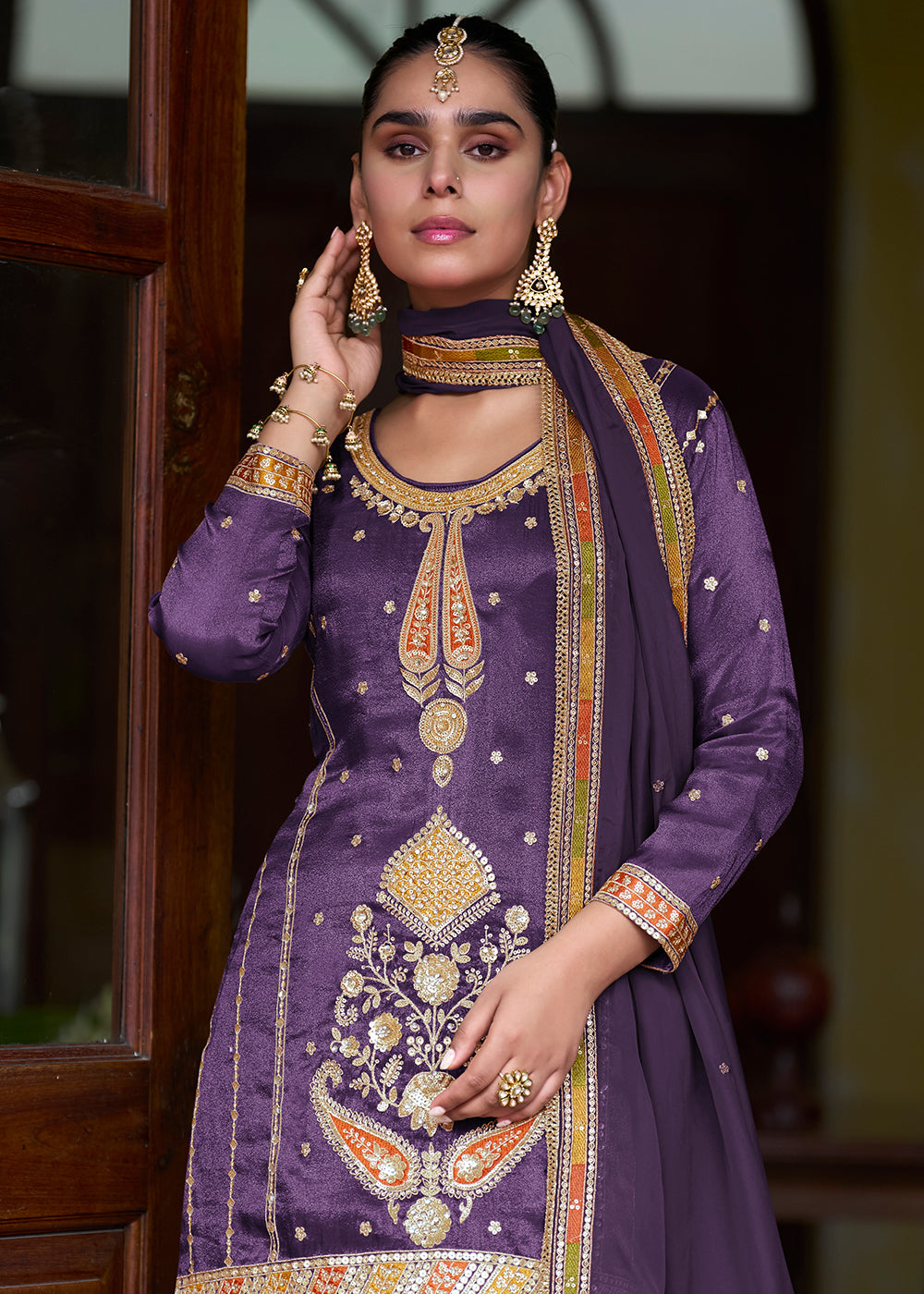 Buy Now Trendy Purple Shimmer Silk Silk Lehenga Style Suit Online in Newark, Yorktown, Toronto, London, Munich, Chicago, Denver, Paris & Worldwide at Empress.