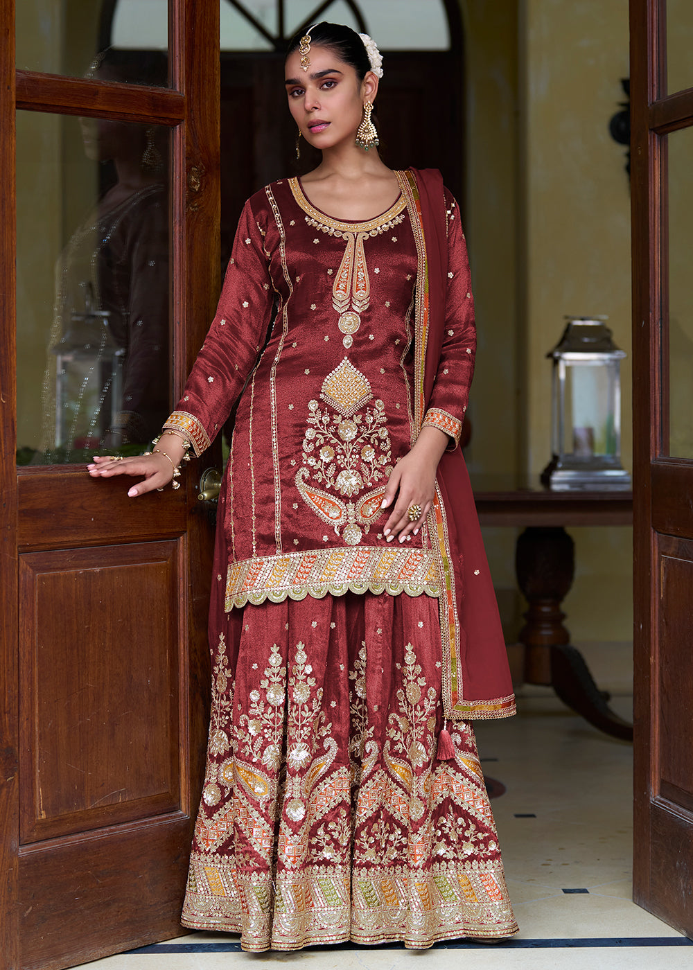 Buy Now Trendy Maroon Shimmer Silk Silk Lehenga Style Suit Online in Newark, Yorktown, Toronto, London, Munich, Chicago, Denver, Paris & Worldwide at Empress.