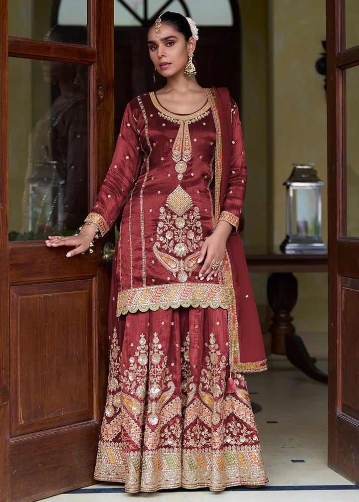 Buy Now Trendy Maroon Shimmer Silk Silk Lehenga Style Suit Online in Newark, Yorktown, Toronto, London, Munich, Chicago, Denver, Paris & Worldwide at Empress.