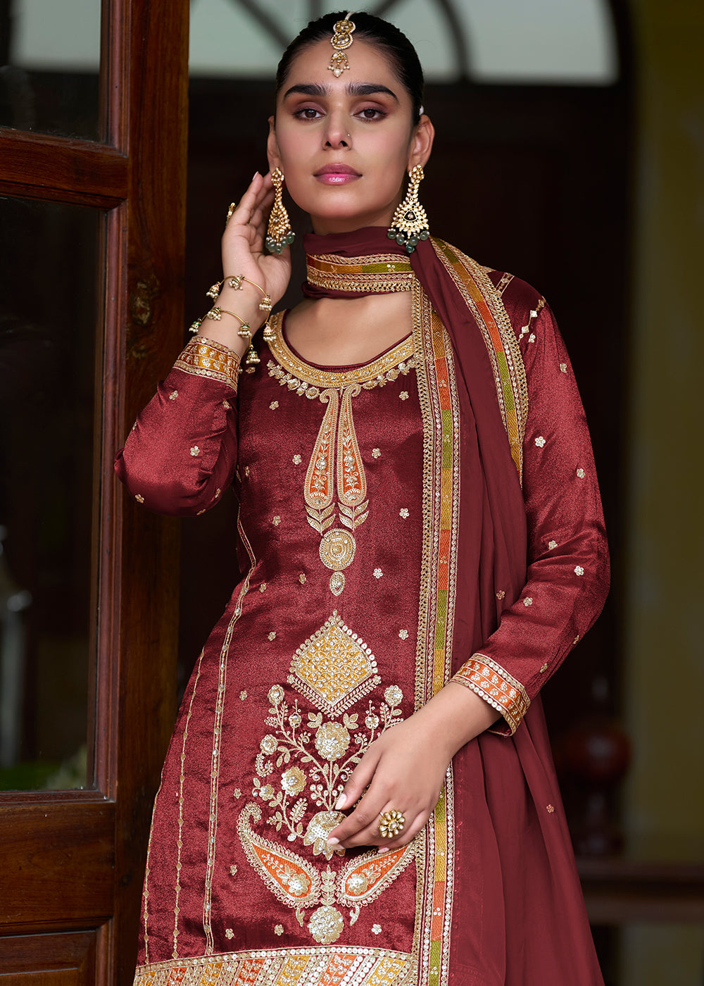 Buy Now Trendy Maroon Shimmer Silk Silk Lehenga Style Suit Online in Newark, Yorktown, Toronto, London, Munich, Chicago, Denver, Paris & Worldwide at Empress.
